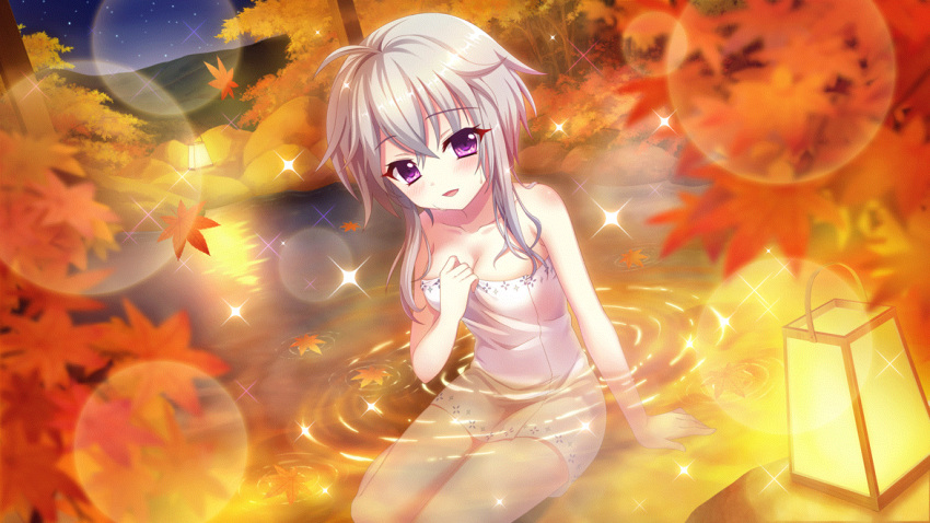1girl ahoge autumn_leaves breasts cleavage collarbone dot_nose dutch_angle film_grain game_cg grey_hair hand_on_ground hand_on_own_chest ichijou_ruka izumi_tsubasu lantern lens_flare looking_at_viewer medium_breasts mountainous_horizon naked_towel night night_sky non-web_source official_art onsen open_mouth partially_submerged purple_eyes re:stage! rock short_hair_with_long_locks sitting sky smile solo sparkle star_(sky) starry_sky towel tree white_towel yokozuwari