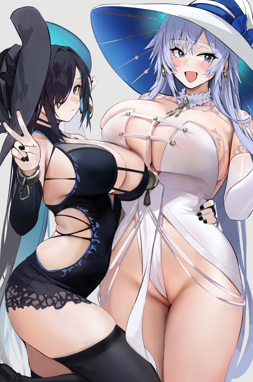 2girls absurdres asymmetrical_docking black_dress black_hair black_headwear black_nails black_thighhighs blue_eyes blue_hair blush breast_press breasts character_request chela77 cleavage collar detached_sleeves dress earrings hat hat_ribbon highres jewelry large_breasts light_blue_hair looking_at_viewer multiple_girls original priana ribbon second-party_source simple_background skindentation tattoo thighhighs thighs v white_dress white_headwear witch_hat