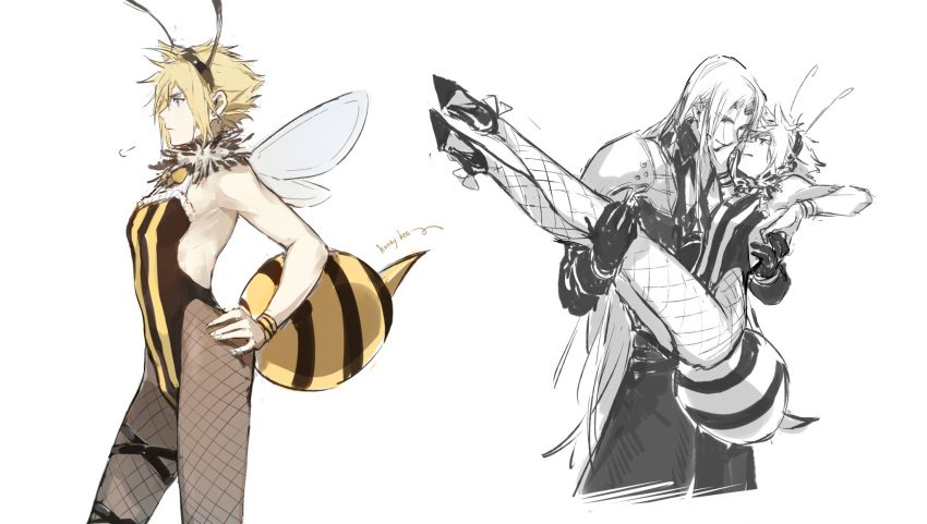 2boys alternate_costume annoyed armor bare_shoulders black_coat blonde_hair bow bug_costume carrying cloud_strife coat costume crossdressing fake_antennae fake_wings final_fantasy final_fantasy_vii final_fantasy_vii_remake fishnet_pantyhose fishnets frills high_collar high_heels highres insect_wings lace lace_trim long_coat long_hair lydiaaa male_focus multiple_boys neck_ruff pantyhose partially_colored pauldrons princess_carry sephiroth short_hair shoulder_armor sigh smirk wings yaoi yellow_bow