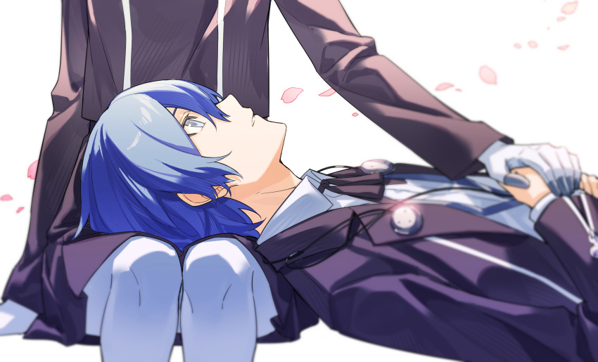 1boy 1girl absurdres aegis_(persona) android black_jacket black_ribbon black_skirt blue_hair collared_shirt commentary gekkoukan_high_school_uniform grey_eyes head_out_of_frame headphones highres holding_hands jacket lap_pillow long_sleeves lying neck_ribbon open_clothes open_jacket own_hands_together persona persona_3 petals profile ribbon school_uniform shirt short_hair simple_background sitting skirt tsubsa_syaoin white_background white_shirt yuuki_makoto