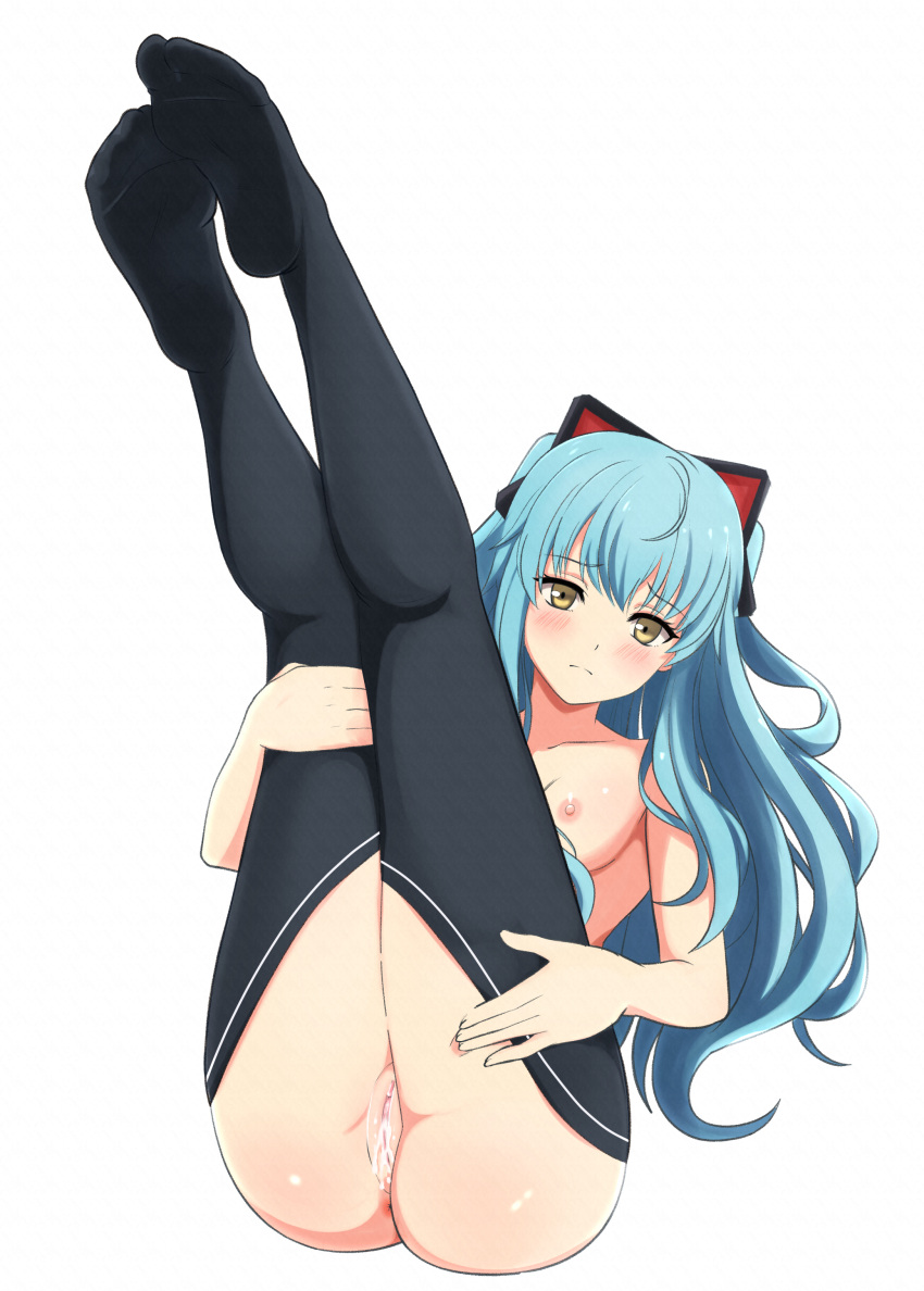 1girl absurdres after_vaginal anus ao_no_kiseki ass black_thighhighs blue_hair breasts brown_eyes closed_mouth collarbone commentary cum cum_on_pussy cum_overflow eiyuu_densetsu feet frown full_body hair_ornament hand_on_own_leg hand_on_own_thigh highres legs legs_up long_hair looking_at_viewer lying no_shoes nude on_back pussy romaji_commentary sidelocks simple_background small_breasts soles solo thighhighs tio_plato toes uncensored white_background zero_no_kiseki zorzero