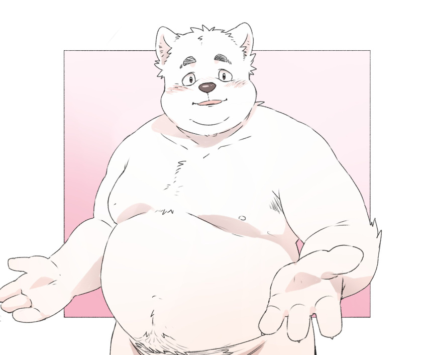 2023 anthro belly big_belly blush canid canine canis domestic_dog hi_res humanoid_hands inunoshippo kemono male mammal moobs nipples overweight overweight_male solo