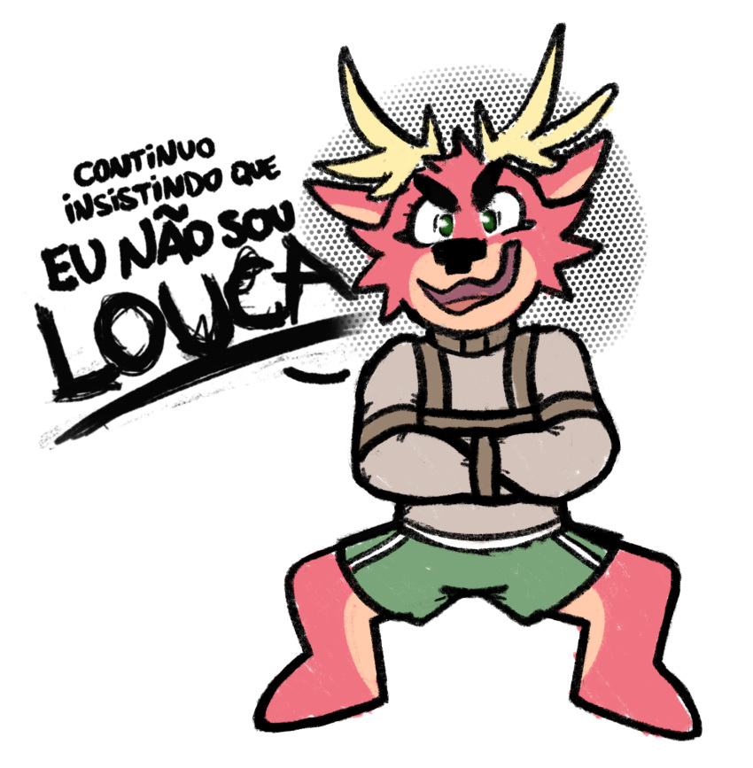 anthro antlers bottomwear clothed clothing deer fur hi_res horn insane looking_at_viewer mammal open_mouth pink_marky portuguese_text restraints shorts simple_background solo straitjacket text translated white_background yelling_at_viewer