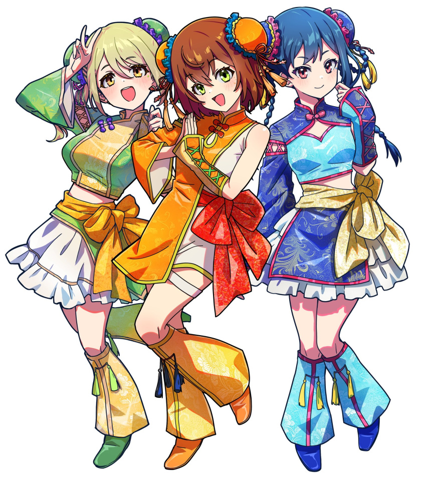 3girls :d arm_up blonde_hair blue_footwear blue_hair blue_shirt blue_skirt blush bow braid breasts brown_hair bun_cover chinese_clothes closed_mouth clothing_cutout commentary_request cropped_shirt denonbu detached_sleeves double_bun frilled_skirt frills full_body green_eyes green_footwear green_shirt hair_between_eyes hair_bun hand_up hands_up hidaka_reina_(denonbu) highres kayano_futaba leg_warmers long_hair long_sleeves looking_at_viewer medium_breasts midriff multiple_girls official_alternate_costume official_alternate_hairstyle open_mouth orange_bow orange_footwear own_hands_clasped own_hands_together red_bow shinonome_kazune shirt shoes short_hair simple_background skirt small_breasts smile standing twin_braids wanowanoji67 white_background wide_sleeves yellow_bow yellow_eyes