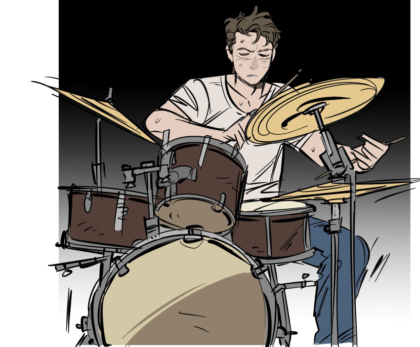 1boy andrew_neiman blue_pants brown_hair closed_eyes cymbals drum drum_set drumsticks ggooww7 highres instrument male_focus pants parted_lips shirt short_sleeves sitting snare_drum solo sweat whiplash_(2014_movie) white_shirt