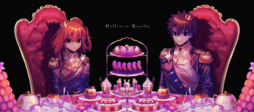 1boy 1girl aiguillette apple belt belt_buckle black_background black_belt black_eyes black_hair blue_eyes blue_jacket bow bowtie brooch buckle cake candy candy_jar cernunnos_(fate) chair crossed_bangs crown cup cupcake empty_eyes epaulettes fate/grand_order fate_(series) flower food food_art foodification fork fou_(fate) frilled_shirt_collar frills fruit fujimaru_ritsuka_(female) fujimaru_ritsuka_(female)_(halloween_royalty) fujimaru_ritsuka_(male) fujimaru_ritsuka_(male)_(halloween_royalty) gold_trim hair_between_eyes hair_ornament hair_scrunchie halloween highres jacket jar jewelry knife konpeitou lapels long_sleeves looking_at_viewer macaron medium_hair mini_crown mousse_(food) multicolored_eyes nekohai_darake official_alternate_costume one_side_up orange_eyes orange_hair pink_flower pink_rose placemat planted planted_fork planted_knife rose scrunchie shadow shirt short_hair simple_background sitting smile strawberry symmetry table tablecloth tea teacup teapot tiered_tray upper_body whipped_cream white_bow white_bowtie white_shirt