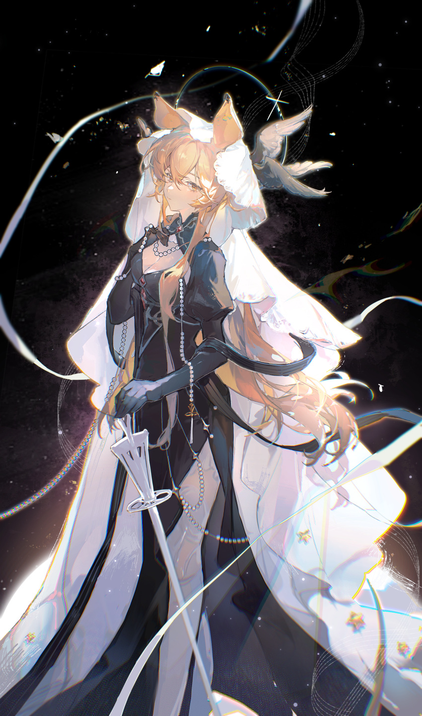 1girl absurdres animal_ears arknights black_dress black_gloves blonde_hair breasts cleavage cleavage_cutout closed_mouth clothing_cutout dorothy_(arknights) dorothy_(hand_of_destiny)_(arknights) dress expressionless feet_out_of_frame gloves hand_on_own_chest highres holding holding_staff jewelry jinyusuiyu juliet_sleeves long_hair long_sleeves looking_at_viewer mouse_ears mouse_girl necklace official_alternate_costume orange_eyes pantyhose pearl_necklace puffy_sleeves solo staff white_pantyhose white_veil