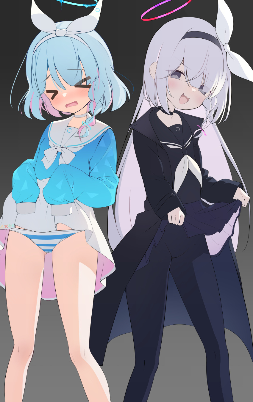 &gt;_&lt; 2girls :3 :d :o absurdres aqua_hair arona_(blue_archive) black_background black_choker black_coat black_pantyhose black_serafuku black_skirt blue_archive blue_serafuku blush braid choker clothes_lift coat colored_inner_hair commentary doyagao embarrassed eyes_visible_through_hair gradient_background grey_eyes groin hair_ornament hair_over_one_eye hairband halo highres lifted_by_self long_hair long_sleeves looking_at_viewer multicolored_hair multiple_girls n3moni open_clothes open_coat panties pantyhose plana_(blue_archive) pleated_skirt school_uniform serafuku short_hair sidelocks simple_background single_braid skirt skirt_lift smile smug striped striped_panties two-tone_hair underwear white_choker white_hair white_skirt xo