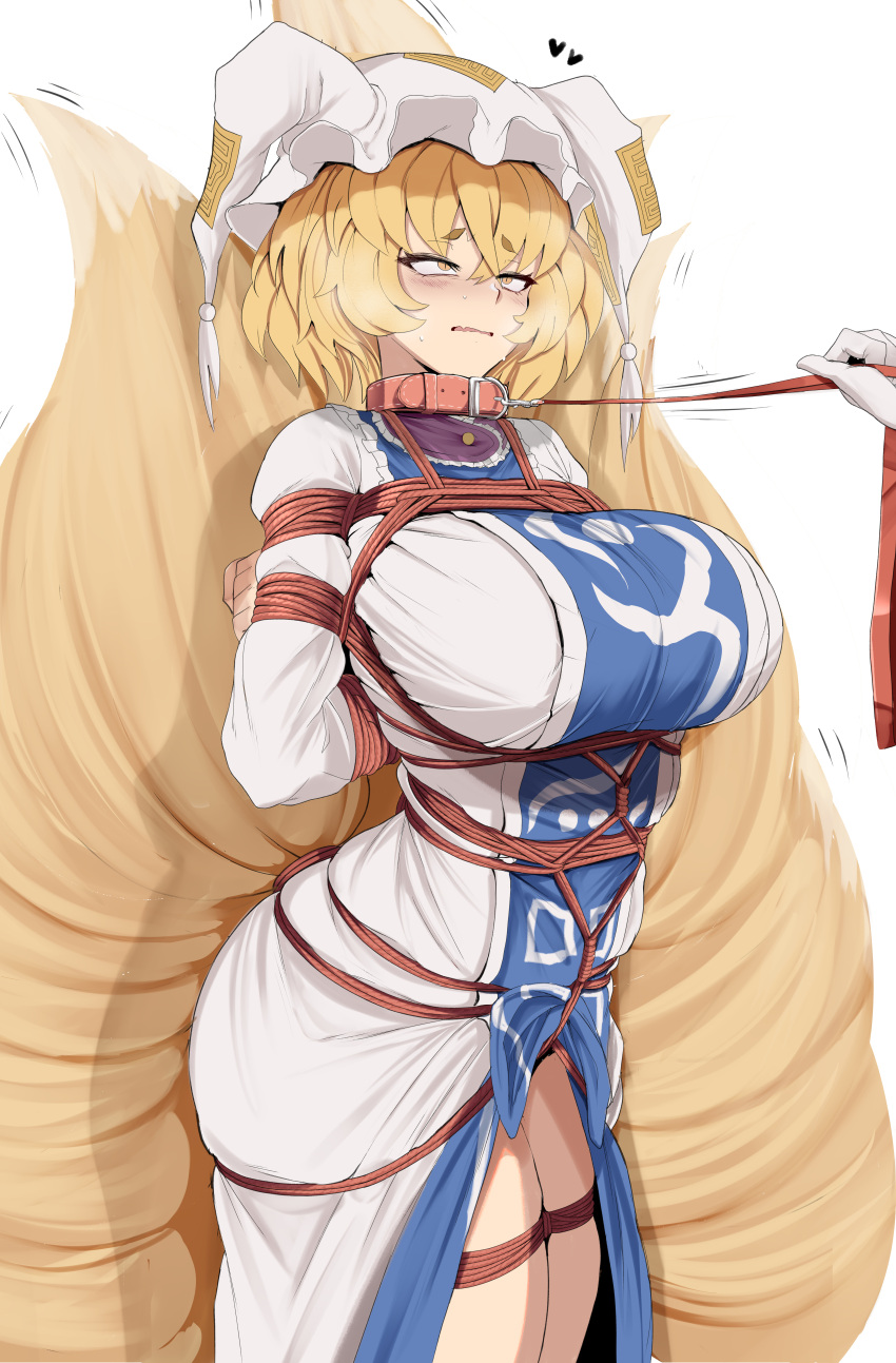 1girl absurdres arms_behind_back bdsm blonde_hair bondage bound bound_legs breasts commentary cowboy_shot fox_tail highres huge_breasts leash multiple_tails rope sally_(luna-arts) shibari shibari_over_clothes short_hair solo_focus standing tabard tail touhou white_headwear yakumo_ran yellow_eyes