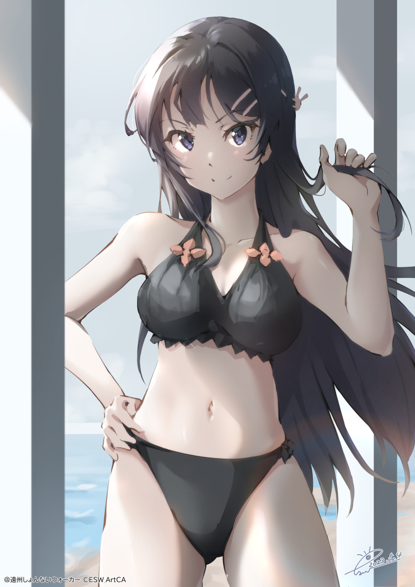 1girl bikini black_bikini black_hair commentary_request cowboy_shot hand_on_own_hip highres long_hair looking_at_viewer navel purple_eyes raiz_art_works sakurajima_mai seishun_buta_yarou smile solo standing swimsuit