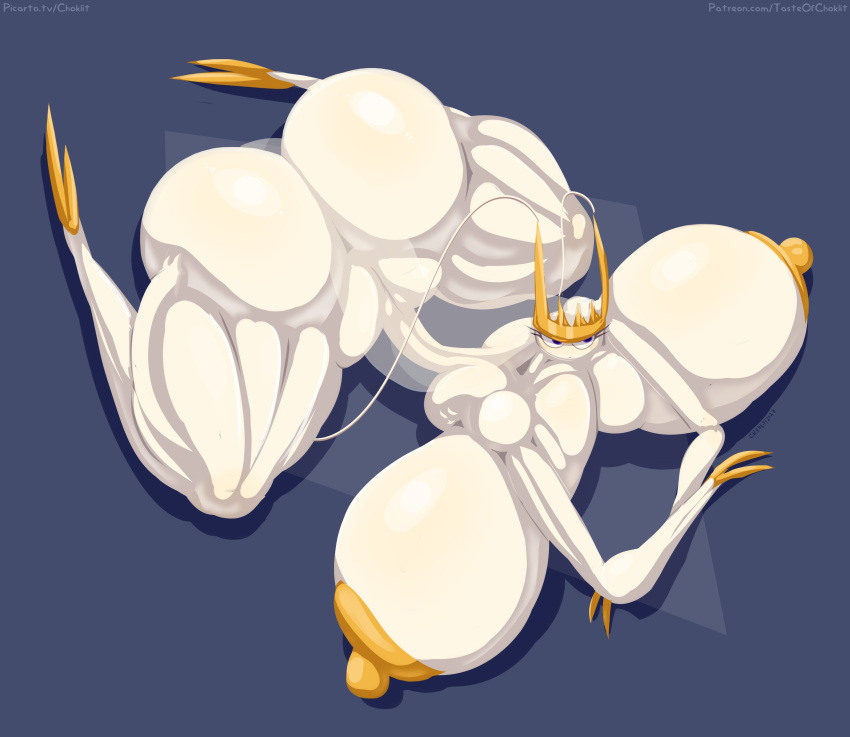 absurd_res antennae_(anatomy) anthro areola big_breasts big_butt black_pupils breasts butt female generation_7_pokemon hi_res huge_breasts huge_butt huge_thighs lying nintendo nipples nude on_front pheromosa pokemon pokemon_(species) pupils purple_eyes small_waist solo tasteofchoklit thick_thighs ultra_beast yellow_areola yellow_nipples