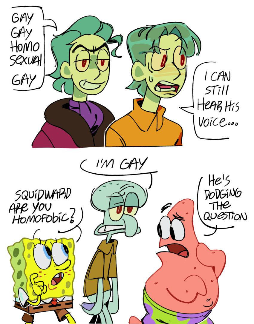 alternate_species anthro asterozoan cephalopod clothed clothing coleoid dialogue duo echinoderm english_text group hi_res human humanized humor male mammal mao_draws marine mollusk nickelodeon octopodiform octopus on_model patrick_star sea_sponge speech_bubble spongebob_squarepants spongebob_squarepants_(character) squidward_tentacles squilliam_fancyson starfish text toony trio walking