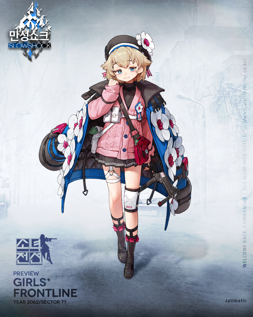 artist_request asymmetrical_legwear bag beret black_footwear black_headwear black_skirt black_socks black_sweater blonde_hair blue_coat blue_eyes check_artist chest_strap coat coat_on_shoulders full_body girls'_frontline gun hat highres holding holding_gun holding_weapon jatimatic_(girls'_frontline) knee_pads loafers looking_at_viewer medium_hair official_art pink_sweater pleated_skirt pouch rinotuna shoes shoulder_bag single_knee_pad skirt socks solo standing submachine_gun sweater thigh_strap turtleneck turtleneck_sweater weapon