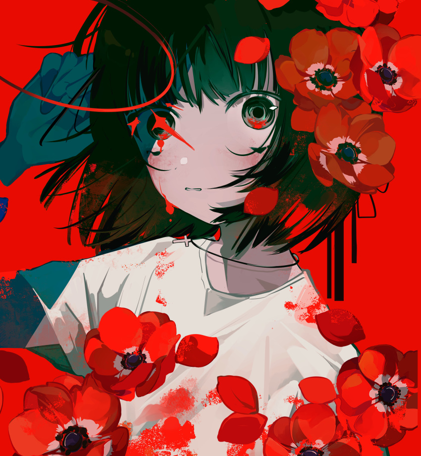 1girl absurdres anemone_(flower) black_eyes black_hair blood blood_on_face bob_cut cross cross_necklace falling_petals flower from_side hand_in_own_hair highres jewelry looking_at_viewer medium_hair necklace original petals portrait red_background red_flower red_theme shirt short_sleeves sidelocks simple_background solo t-shirt toasu white_shirt