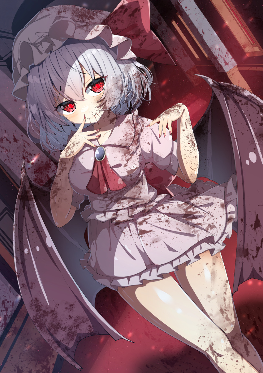 1girl absurdres ascot bat_wings blood blood_from_mouth blood_in_hair blood_on_arm blood_on_clothes blood_on_face blood_on_hands blood_on_leg blood_splatter bloody_wings blue_hair breasts commentary_request dfra dress fangs hallway hat hat_ribbon highres indoors jewelry legs light_particles looking_at_viewer mob_cap pendant red_ascot red_eyes remilia_scarlet ribbon short_hair short_sleeves skin_fangs smile solo touhou vampire window wings