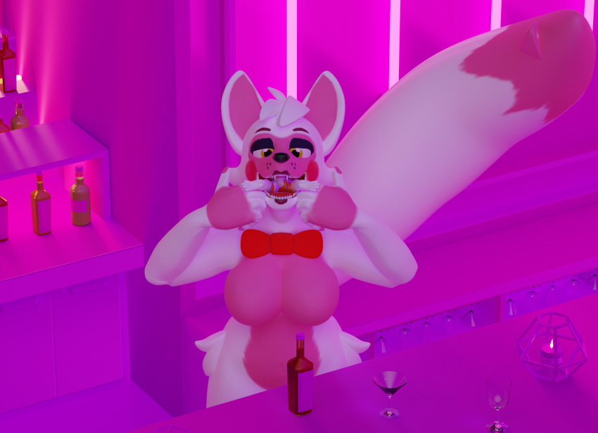 absurd_res alcohol anthro bar beverage big_breasts big_tail bodily_fluids bottle bow_tie breasts candle canid canine container copi_cat_(artist) cup duo feet female finger_in_mouth five_nights_at_freddy's five_nights_at_freddy's_world fox funtime_foxy_(fnaf) fur genitals glass glass_bottle glass_container glass_cup hi_res lolbit_(fnaf) looking_down male male/female mammal neon_lights open_mouth oral_vore orange_body orange_fur penis penis_on_tongue pink_body pink_fur red_bow saliva saliva_on_tongue saliva_string scottgames size_difference tagme tail teeth vore white_body white_fur