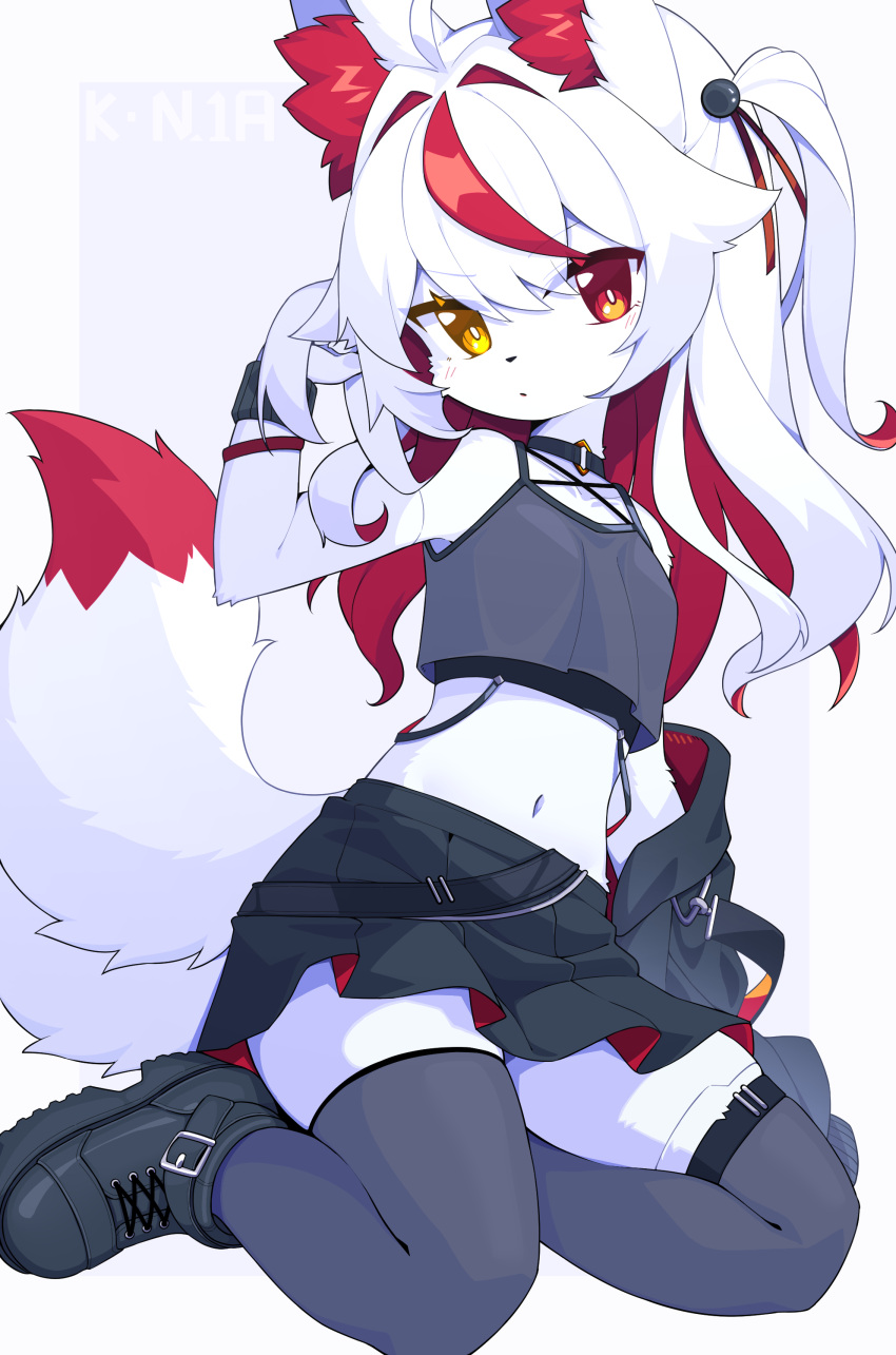 2023 2_tails absurd_res ahoge anthro blush blush_lines bottomwear breasts canid canine choker clothed clothing devil-vox digital_media_(artwork) dipstick_tail female female_anthro footwear fox full-length_portrait fur hair heterochromia hi_res inner_ear_fluff jewelry kemono kneeling knia_(devil-vox) legwear long_hair looking_at_viewer mammal markings midriff multi_tail multicolored_body multicolored_fur multicolored_hair multicolored_tail navel necklace portrait red_body red_eyes red_fur red_hair shoes skirt small_breasts solo tail tail_markings thigh_highs tuft white_body white_fur white_hair yellow_eyes