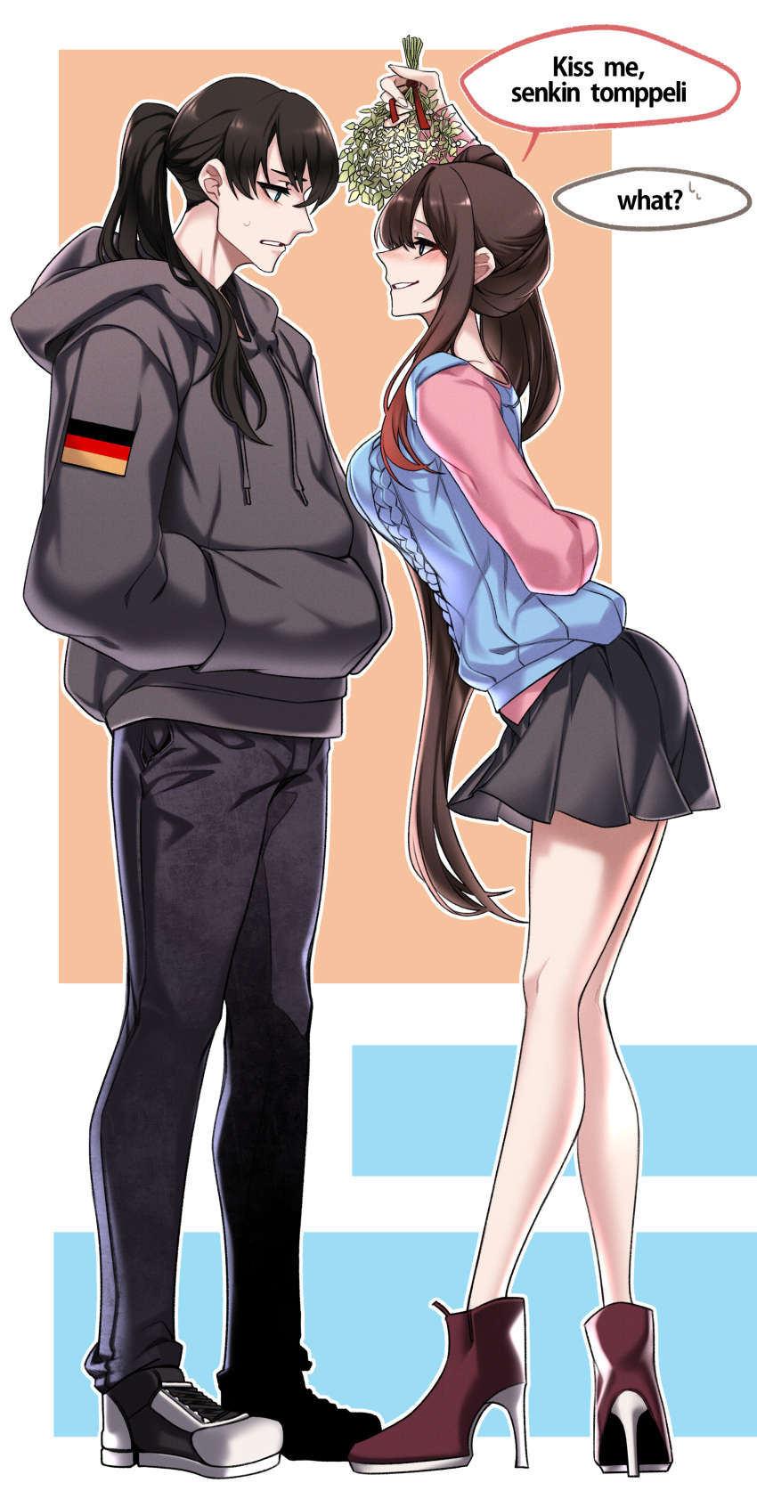 1boy 1girl absurdres arm_behind_back arm_up black_footwear black_pants black_skirt blue_hair blue_sweater blush brown_hair commander_(girls'_frontline) dogs_(dlrkdejr26) english_text female_commander_(girls'_frontline) full_body german_flag girls'_frontline grey_hoodie hands_in_pockets high_heels highres holding_mistletoe hood hood_down hoodie leaning_forward long_hair long_sleeves looking_at_another looking_to_the_side mistletoe multicolored_hair open_mouth original pants parted_lips pink_shirt pleated_skirt ponytail red_footwear red_hair red_ribbon ribbon shirt shoes side_ponytail skirt sleeveless sleeveless_sweater smile speech_bubble standing streaked_hair sweatdrop sweater very_long_hair