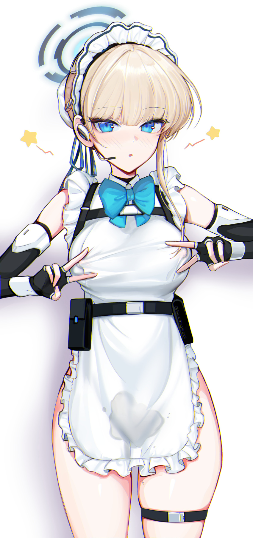 1girl :o absurdres apron aqua_bow aqua_bowtie blonde_hair blue_archive blue_eyes bluemayo blush bow bowtie breasts bun_cover chest_harness covered_nipples cowboy_shot double_v elbow_gloves fingerless_gloves frilled_apron frills gloves halo harness headset highres large_breasts looking_at_viewer maid_headdress no_panties pussy_juice_stain solo stain star_(symbol) thigh_strap toki_(blue_archive) v white_apron