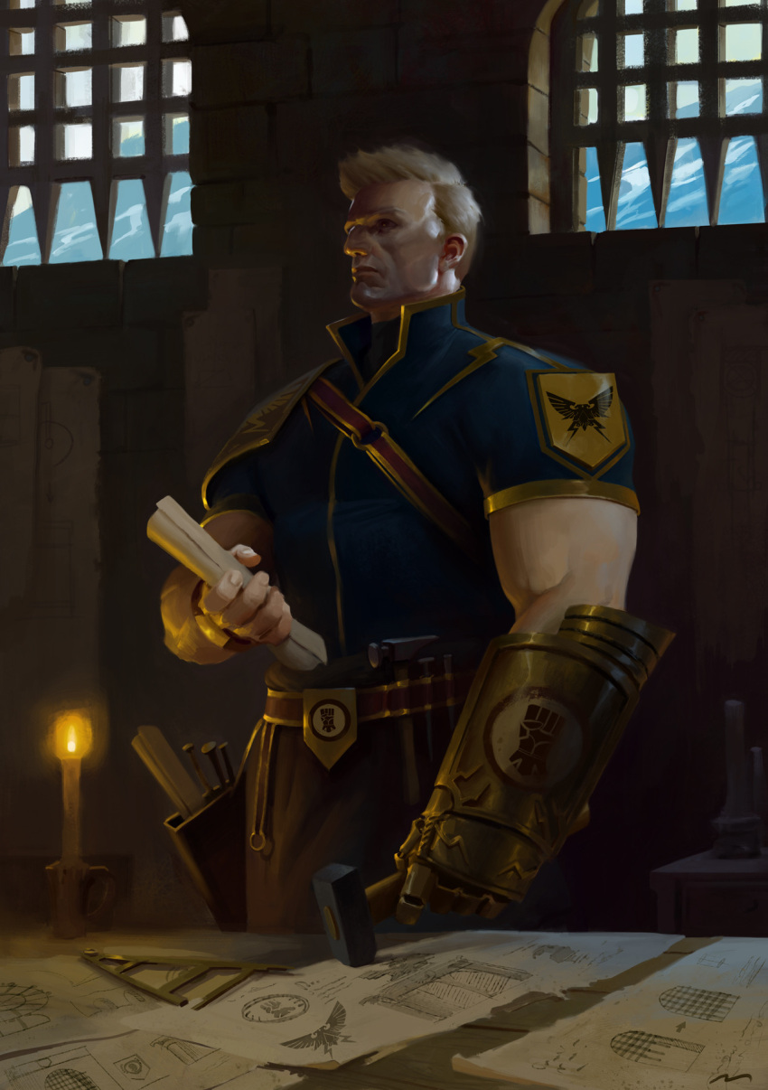 bird blueprint_(object) candle detailed_background eagle fire fluffy_hair gauntlets hammer highres imperial_aquila imperial_fists imperium_of_man male_focus muscular muscular_male oruam primarch rogal_dorn scroll semi_realisim short_hair tools warhammer_40k white_hair workshop