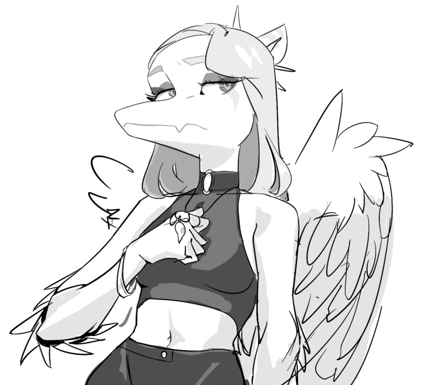 anthro choker clothed clothing dinosaur fang_(gvh) feathered_wings feathers female goodbye_volcano_high hair half-closed_eyes jewelry long_hair long_snout looking_away makeup monochrome narrowed_eyes navel necklace pterodactylus pterosaur reptile scalie simple_background sketch snoot_game_(fan_game) snout solo unknown_artist white_background wings