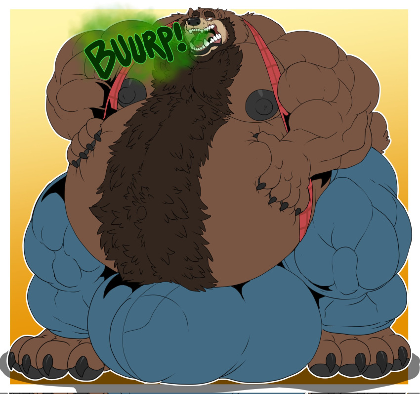 anthro areola balls_outline barefoot bear beard belly big_belly big_bulge big_butt bodily_noises body_hair bottomwear brown_body bulge burp_cloud burping butt chest_hair claws clothed clothing detailed_bulge digital_media_(artwork) facial_hair feet fur genital_outline hair hairy hairy_belly happy_trail hi_res huge_bulge hyper hyper_bulge lips lower_lip male mammal muscular muscular_anthro muscular_male navel nipples onomatopoeia open_mouth overweight pants pattern_clothing pawpads paws pecs plaid plaid_clothing simple_background solo sound_effects suspenders teddy_sanders text thick_lips thick_thighs toes tongue topless wide_hips xibalbakat