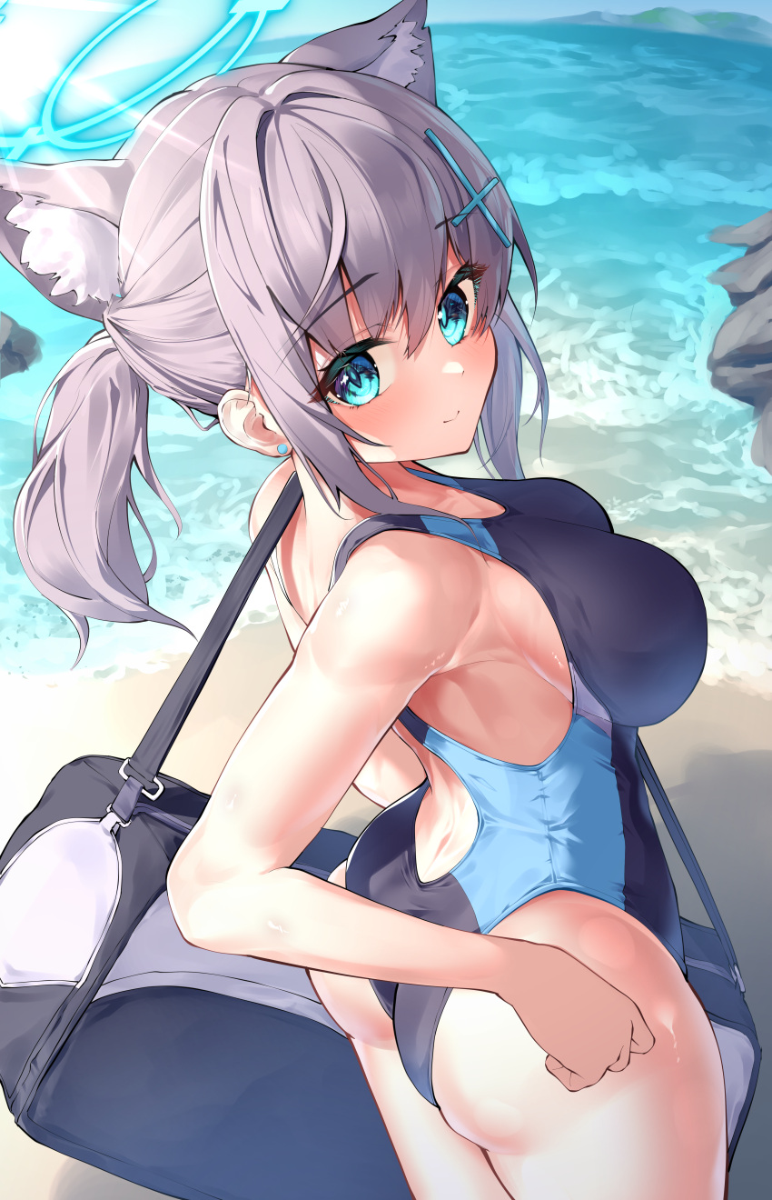 1girl absurdres animal_ear_fluff animal_ears ass bag bare_shoulders beach black_one-piece_swimsuit blue_archive blue_eyes blue_sky blush breasts closed_mouth competition_swimsuit cross_hair_ornament day extra_ears from_behind grey_hair hair_between_eyes hair_ornament halo highleg highleg_swimsuit highres large_breasts long_hair looking_at_viewer looking_back mismatched_pupils multicolored_clothes multicolored_swimsuit ocean one-piece_swimsuit outdoors ponytail shiroko_(blue_archive) shiroko_(swimsuit)_(blue_archive) shoulder_bag shumai_il sidelocks sky solo swimsuit thighs two-tone_swimsuit water wolf_ears