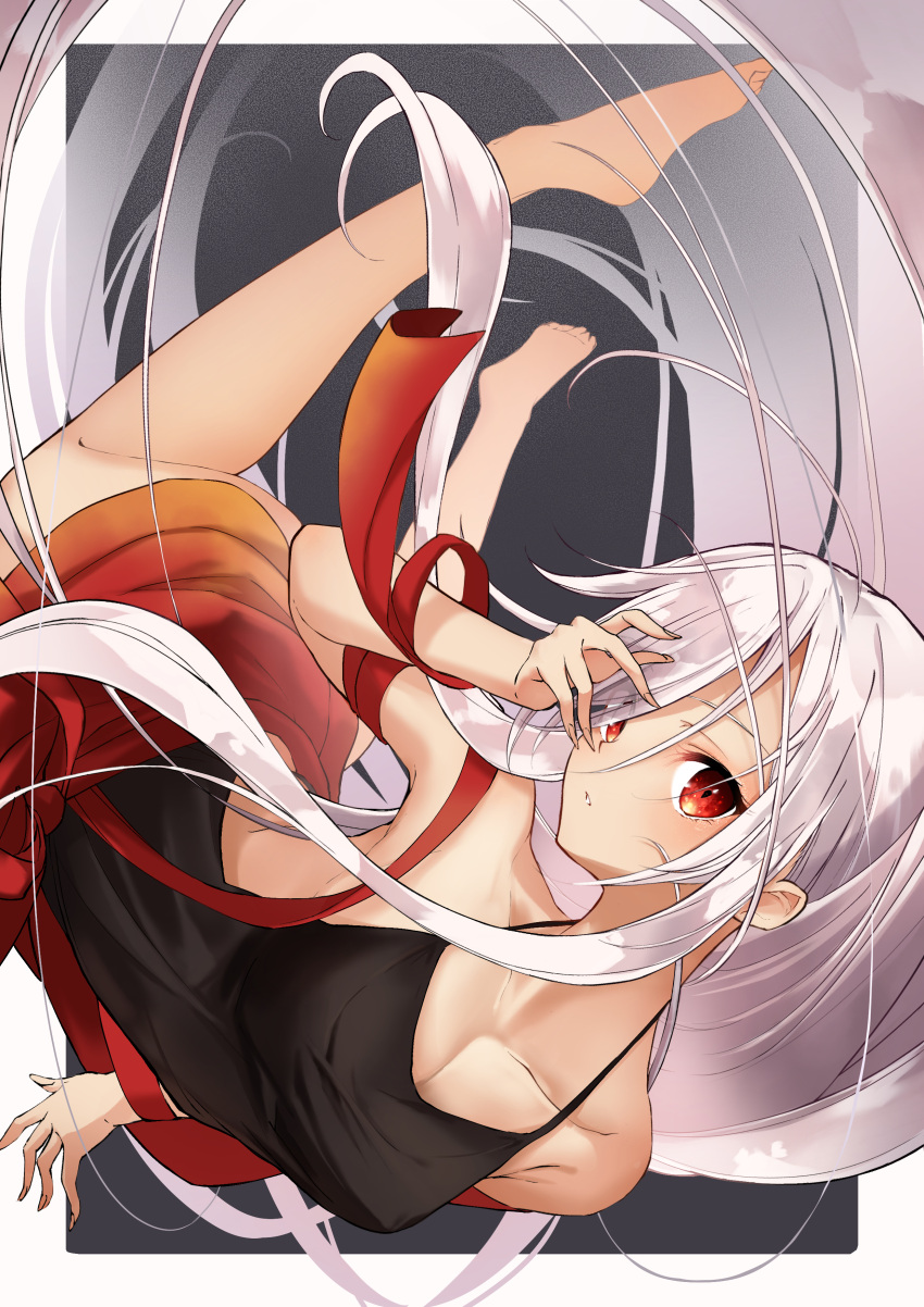 1girl absurdres armpits backless_shirt bare_arms bare_legs barefoot black_shirt breasts chiya_(urara_meirochou) cleavage floating_hair hair_between_eyes halterneck highres kootee-on long_hair miniskirt parted_lips red_eyes red_skirt shirt skirt sleeveless sleeveless_shirt small_breasts soles solo spaghetti_strap urara_meirochou very_long_hair white_hair