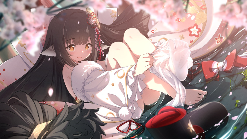 1girl absurdly_long_hair animal_ears azur_lane black_hair blurry blurry_foreground blush bow bow_removed cherry_blossoms detached_sleeves falling_petals feet frilled_sleeves frills fur-trimmed_sleeves fur_trim hair_ornament harutsuki_(a_dance_for_the_coming_spring)_(azur_lane) harutsuki_(azur_lane) highres japanese_clothes kanzashi kimono legs long_hair long_sleeves looking_at_viewer open_mouth pantyhose petals petals_on_liquid pink_kimono putting_on_legwear red_bow shoes shoes_removed single_barefoot smile soles solo thighs toes very_long_hair white_pantyhose wide_sleeves woori_(jtfy3485) yellow_eyes zouri