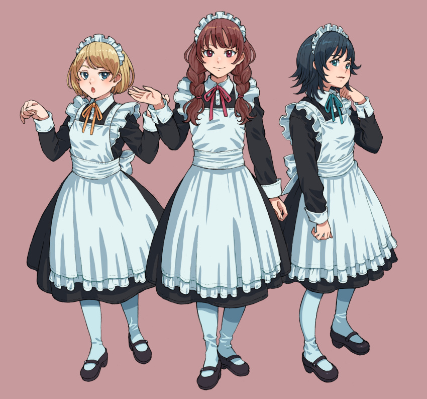 3girls :o apron arm_at_side black_dress black_footwear black_hair blonde_hair blue_eyes braid brown_background brown_hair closed_mouth collared_dress commentary_request dress full_body green_ribbon hand_up highres long_sleeves looking_at_viewer low_twin_braids maid maid_apron maid_headdress mary_janes medium_hair multiple_girls neck_ribbon open_mouth original pantyhose parted_lips pink_eyes red_ribbon ribbon shoes short_hair simple_background smile standing tanuki_koubou twin_braids white_apron white_pantyhose yellow_ribbon
