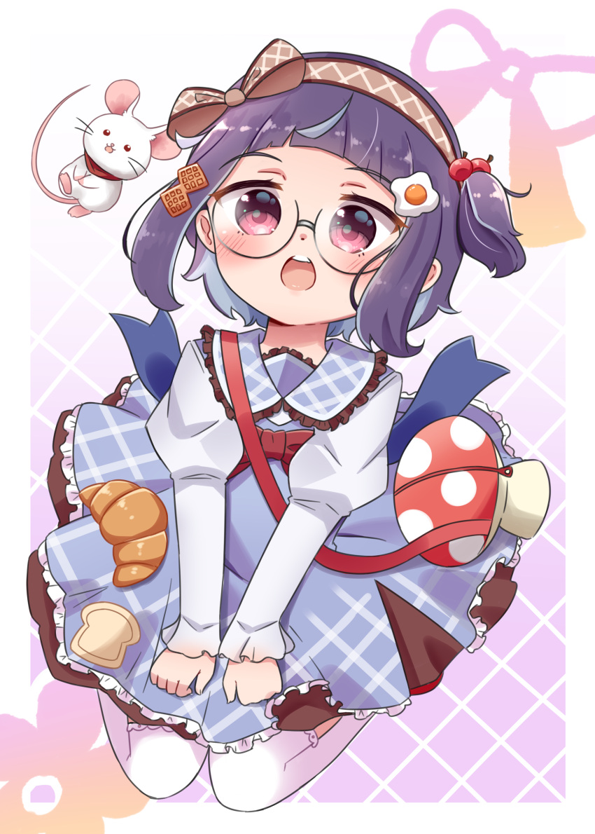 1girl :o absurdres animal bag blue_dress blush bow brown_bow brown_hairband character_request collared_dress commentary dress food-themed_hair_ornament frilled_shirt_collar frills glasses gradient_background hair_bobbles hair_bow hair_ornament hairband highres juliet_sleeves long_sleeves looking_at_viewer mouse one_side_up open_mouth pleated_dress project_livium puffy_sleeves purple_background purple_hair red_eyes rutorifuki shirt shoulder_bag solo teeth thighhighs upper_teeth_only virtual_youtuber white_background white_shirt white_thighhighs