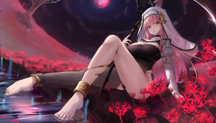 1girl absurdres anklet bare_tree barefoot breasts field flower flower_field glint habit highres hitodama holding holding_scythe hololive hololive_english jewelry kuutamo large_breasts moon mori_calliope night night_sky parted_lips petals petals_on_liquid pink_hair red_eyes red_moon scythe sitting sky solo spider_lily thighs tree veil virtual_youtuber water wet