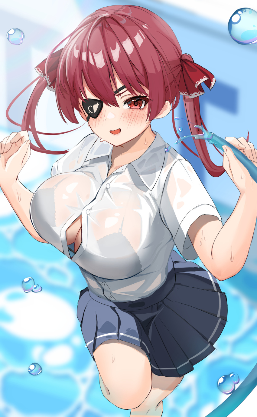 1girl absurdres black_bra black_skirt blush bra breasts cleavage collared_shirt eyepatch hair_ribbon highres holding holding_hose hololive hose houshou_marine large_breasts long_hair looking_at_viewer neko_no_suke_(nekoneco118) open_mouth partially_unbuttoned pool red_eyes red_hair red_ribbon ribbon see-through see-through_shirt shirt skirt twintails underwear virtual_youtuber water wet white_shirt