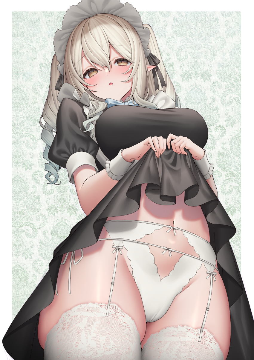 1girl absurdres apron black_dress breasts brown_eyes cameltoe clothes_lift commentary_request commission dress drill_hair elf frilled_apron frills from_below garter_belt garter_straps grey_hair highres large_breasts lifted_by_self looking_at_viewer looking_down maid maid_apron maid_headdress nanase_eru navel panties pointy_ears sakura_shiho skeb_commission solo thighhighs underwear varium virtual_youtuber white_apron white_panties white_thighhighs wrist_cuffs