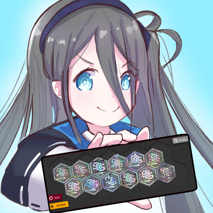 1girl aris_(blue_archive) arknights black_hair blue_archive blue_background blue_eyes cellphone commentary crossover english_commentary hair_between_eyes hairband highres holding holding_phone kelsuis long_hair looking_at_viewer phone simple_background smartphone smile solo