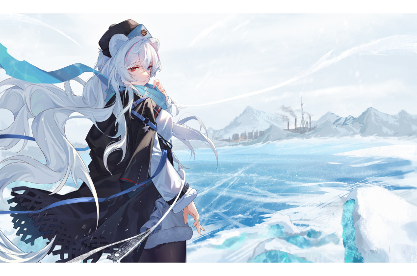 1girl animal_ears arknights arm_at_side bear_ears bear_girl black_cape blue_hair blue_ribbon cape commentary_request cowboy_shot english_commentary fur-trimmed_shirt fur_trim highres hongbaise_raw letterboxed long_hair mixed-language_commentary mountainous_horizon multicolored_hair ocean outdoors red_eyes red_hair ribbon rosa_(arknights) russian_commentary shirt solo star_(symbol) streaked_hair wavy_hair white_hair white_shirt wind