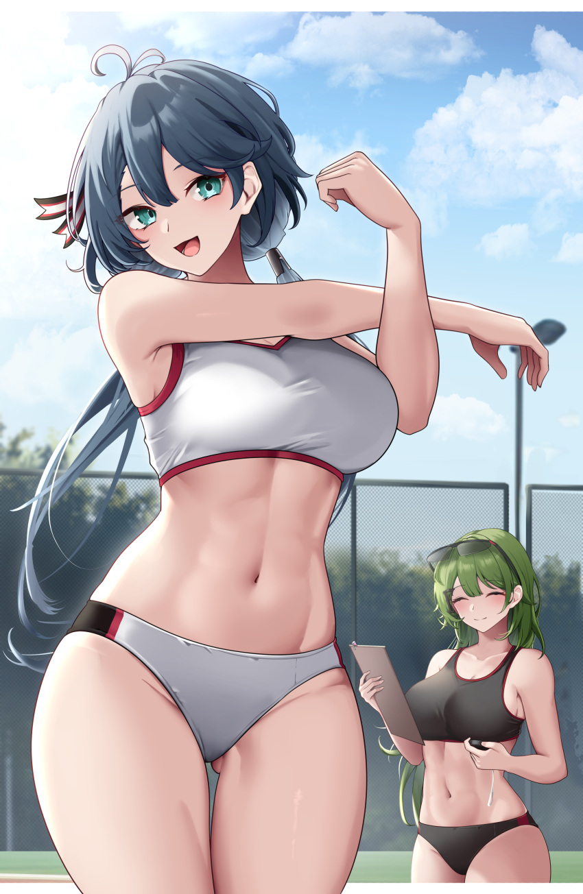 2girls :d ^_^ absurdres antenna_hair aqua_eyes ass_visible_through_thighs bare_arms bare_shoulders black_sports_bra blue_hair blue_sky blunt_bangs breasts buruma chain-link_fence cleavage clipboard closed_eyes closed_mouth cloud collarbone commentary_request commission cowboy_shot cowlick crop_top day eyewear_on_head fence girls'_frontline green_hair groin hair_between_eyes hair_ornament hair_ribbon highres holding holding_clipboard holding_stopwatch large_breasts long_hair looking_at_viewer low_twintails m240l_(girls'_frontline) masaki_nanaya midriff mk48_(girls'_frontline) multiple_girls navel open_mouth outdoors ribbon sidelocks skeb_commission sky smile sports_bikini sports_bra standing stomach stopwatch stretching sunglasses thigh_gap thighs twintails very_long_hair white_sports_bra