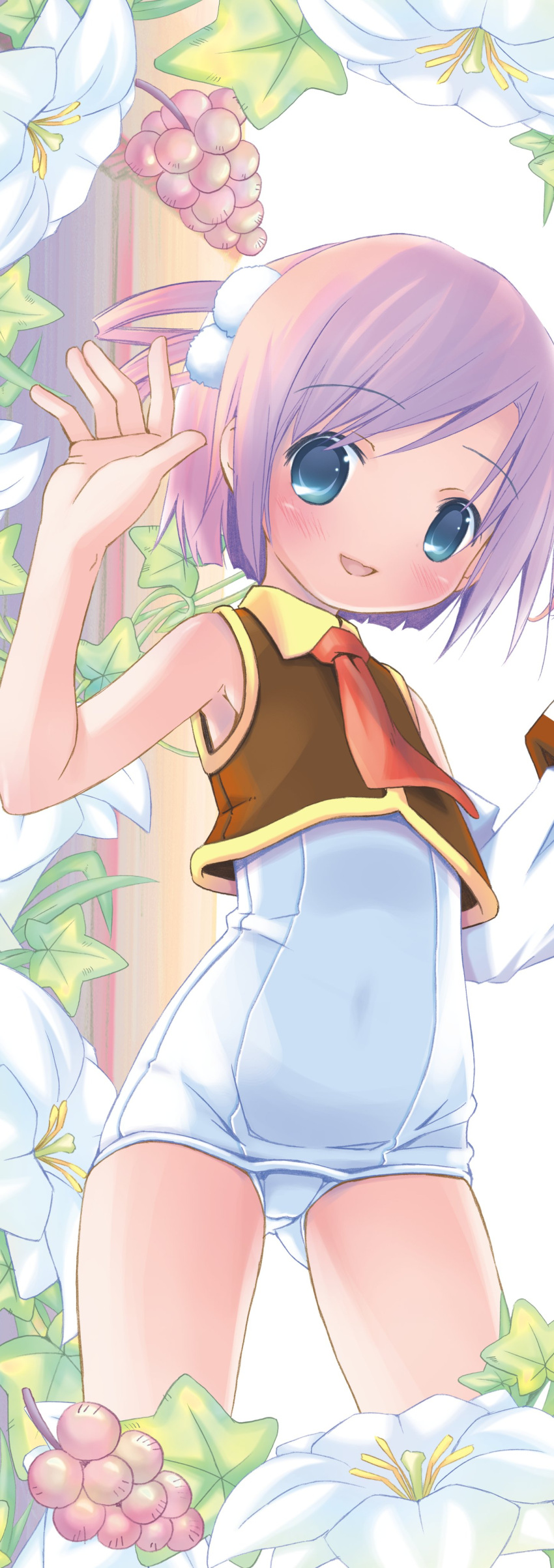 1girl absurdres arm_up armpits ass_visible_through_thighs blue_eyes blush brown_shirt covered_navel flower food fruit grapes highres moetan nijihara_ink old_school_swimsuit one-piece_swimsuit open_mouth pink_hair pop_(electromagneticwave) school_swimsuit shirt short_hair sleeveless sleeveless_shirt smile solo swimsuit swimsuit_under_clothes thighs waving white_one-piece_swimsuit