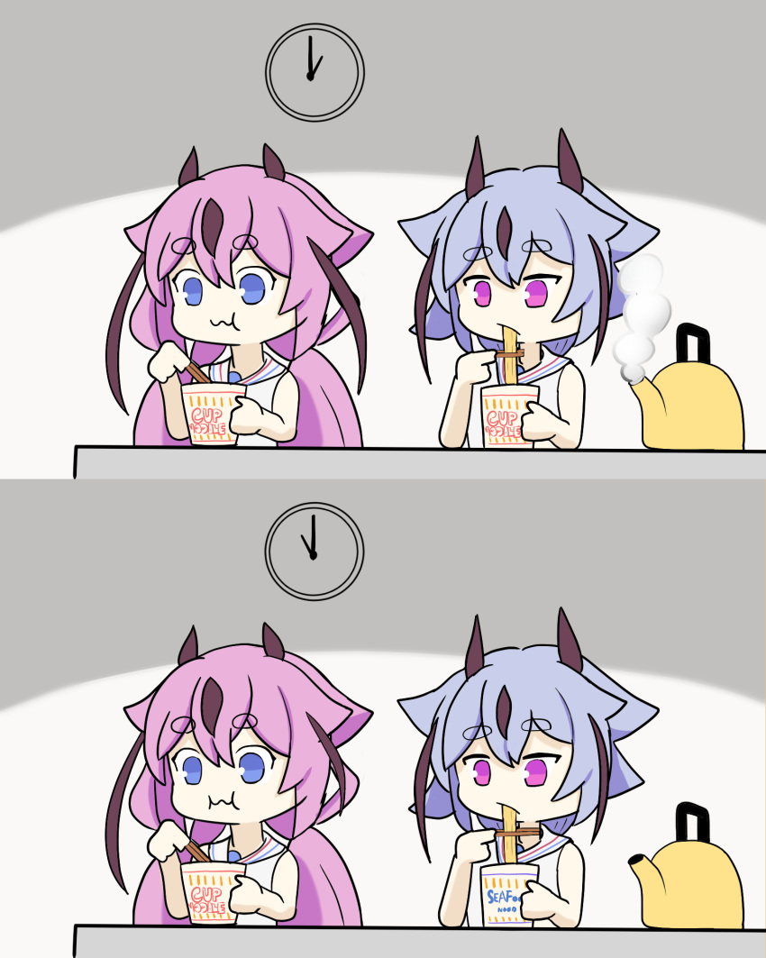 2girls bare_arms blue_eyes blue_hair chopsticks clock collar commentary cup cup_ramen eating gynoid_talk hair_flaps highres hikimayu holding holding_chopsticks holding_cup horns kettle long_hair low_twintails meika_hime meika_mikoto multiple_girls multiple_views pink_eyes pink_hair rokushaku_(69jack4) sailor_collar shirt short_hair sleeveless sleeveless_shirt spot_the_differences steam twintails upper_body vocaloid wall_clock white_collar white_shirt