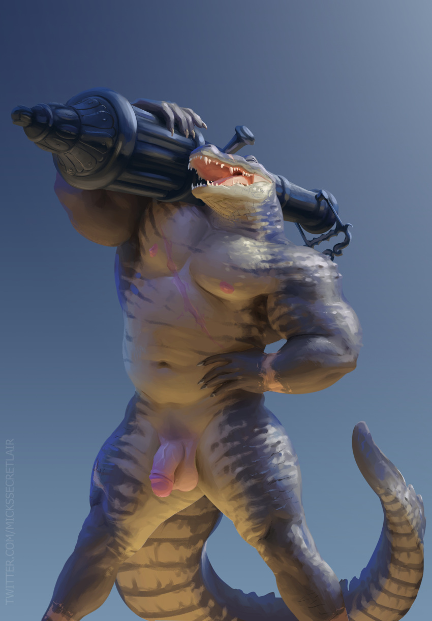 absurd_res anthro balls biped fangs genitals hi_res humanoid_genitalia humanoid_penis male mickey_the_retriever nude penis reptile scales scalie solo teeth weapon