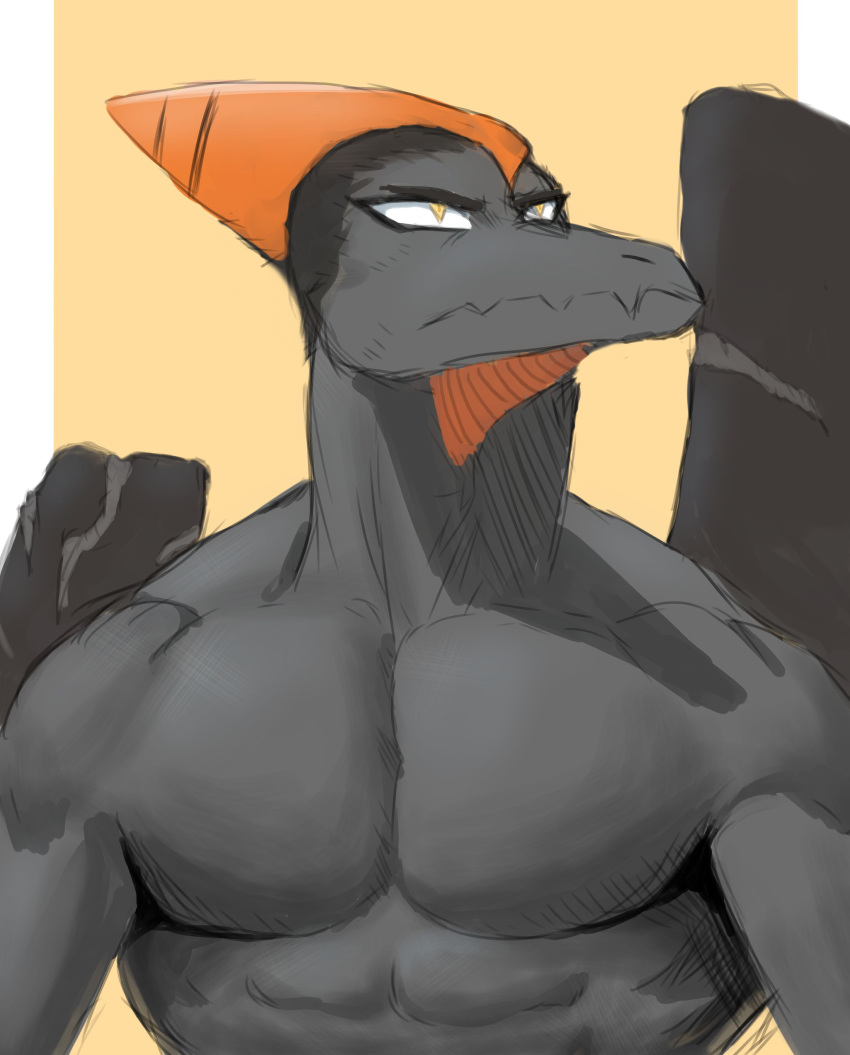 abs absurd_res anthro beak big_pecs black_hair black_wings buzz_cut dinosaur eyelashes goodbye_volcano_high grey_body hair head_crest hi_res male muscular muscular_male naser_(gvh) no2r0066 painting_(artwork) pecs pterodactylus pterosaur reptile scalie scar shirtless snoot_game solo traditional_media_(artwork) warm_colors wings yellow_eyes