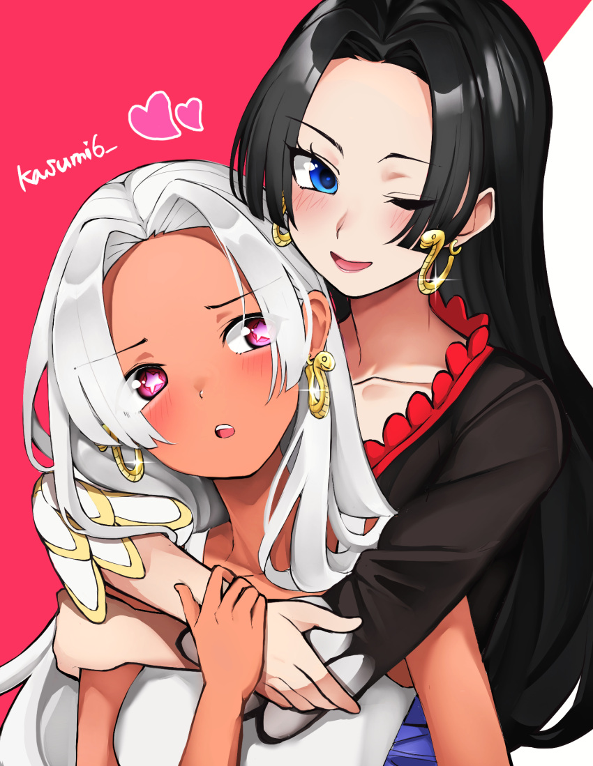 2girls ;d artist_name black_hair blue_eyes blush boa_hancock clone collarbone dark-skinned_female dark_skin dress earrings forehead grey_hair heart highres hug hug_from_behind jewelry kasumi_6 looking_at_another looking_at_viewer multiple_girls one_eye_closed one_piece pink_eyes s-snake seraphim_(one_piece) sleeveless sleeveless_dress smile snake_earrings star-shaped_pupils star_(symbol) symbol-shaped_pupils two-tone_background upper_body white_dress