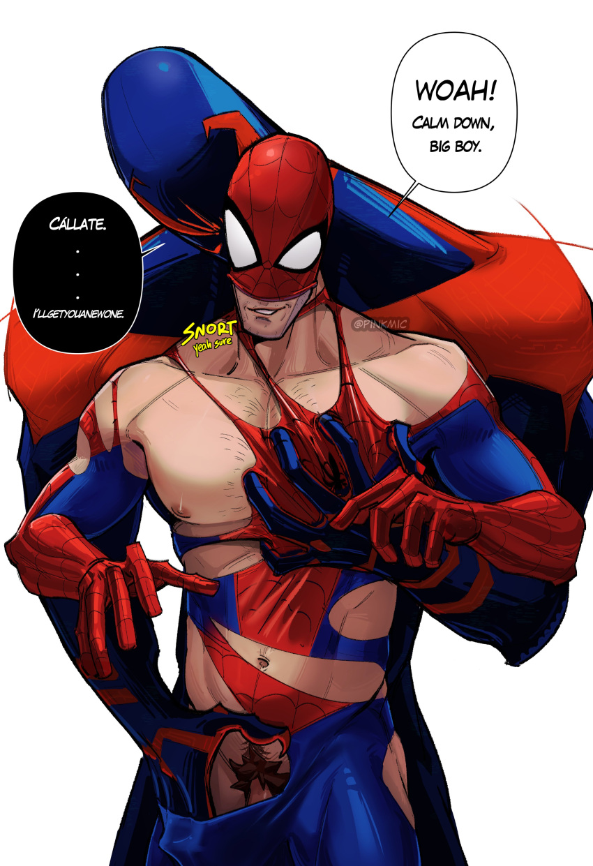 2boys abs absurdres bara blue_bodysuit bodysuit chest_hair couple english_text highres large_pectorals male_focus male_pubic_hair marvel mask mask_lift miguel_o'hara multiple_boys muscular muscular_male nipples p1nkmic pectorals penis penis_peek peter_b_parker pubic_hair red_bodysuit smile spanish_text spider-man:_across_the_spider-verse spider-man_(series) spider-verse torn_bodysuit torn_clothes twitter_username two-tone_bodysuit yaoi