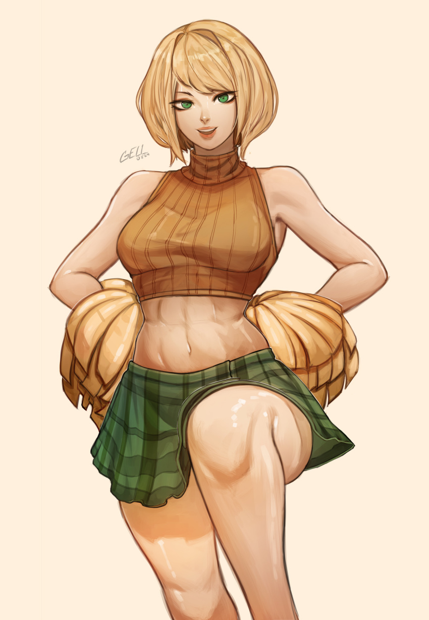 1girl abs absurdres ashley_graham blonde_hair gelldraws green_eyes hands_on_own_hips highres open_mouth pom_pom_(cheerleading) resident_evil resident_evil_4 resident_evil_4_(remake) short_hair signature skirt solo toned turtleneck_crop_top