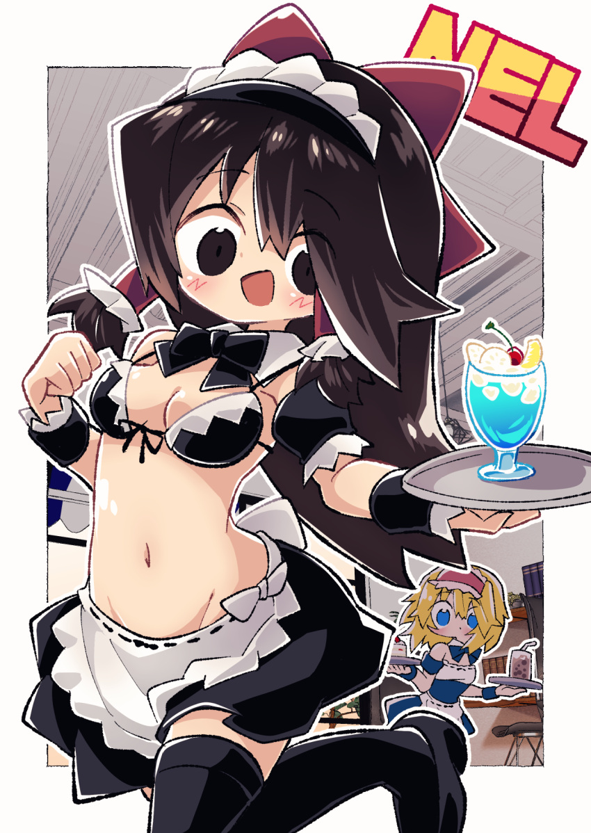 2girls :d alice_margatroid alternate_costume apron bikini bikini_top_only black_bikini black_bow black_bowtie black_eyes black_footwear black_skirt black_sleeves black_thighhighs blonde_hair blue_eyes blush bow bowtie breasts brown_hair bubble_tea cherry cho_cola_star cleavage cocktail commentary_request cookie_(touhou) cup detached_sleeves food foot_out_of_frame frilled_hair_tubes frills front-tie_bikini_top front-tie_top fruit hair_bow hair_tubes hairband hakurei_reimu highres holding holding_tray ichigo_(cookie) indoors long_hair looking_at_viewer maid maid_bikini maid_cafe maid_headdress medium_bangs multiple_girls navel noel_(cookie) open_mouth puffy_detached_sleeves puffy_sleeves red_bow red_hairband shoes skirt small_breasts smile solo_focus swimsuit thighhighs touhou tray unconventional_maid waist_apron white_apron wrist_cuffs