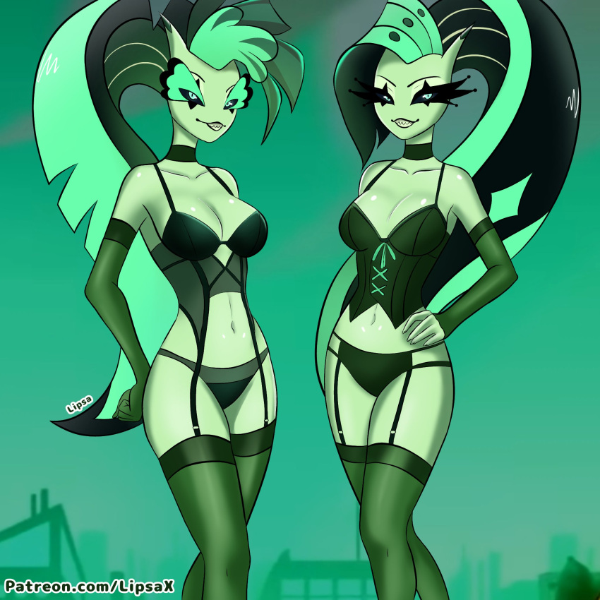1:1 anthro big_breasts big_butt breasts butt clothed clothing demon detailed_background duo fangs female fish glam_(helluva_boss) glitz_(helluva_boss) green_body green_hair hair helluva_boss hi_res horn legwear lipsa69 marine nude open_mouth open_smile partially_clothed shark sibling_(lore) sister_(lore) sisters_(lore) smile teeth thick_thighs thigh_highs