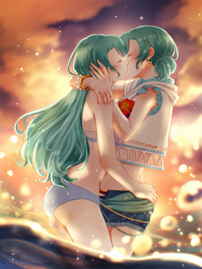 aqua_hair bang_dream! bead_bracelet beads bikini blue_bikini bracelet closed_eyes commission crop_top crop_top_overhang cutoff_jeans cutoffs earrings hair_ornament hairclip hand_on_another's_face hand_on_another's_waist highres hikawa_hina hikawa_sayo hug incest jewelry kiss light_blush long_hair medium_hair ocean orange_sky siblings signature sky star_(symbol) star_earrings summer swimsuit twincest twins wading xin_(blueramen) yuri