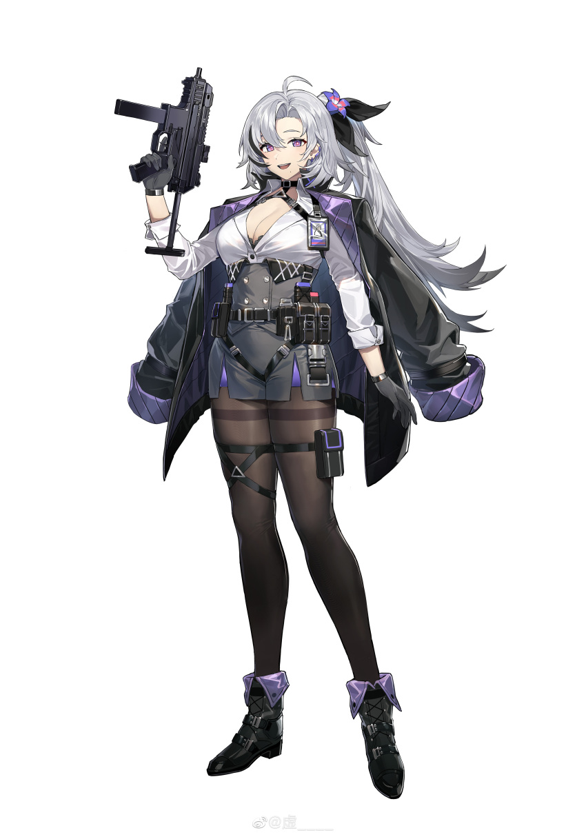 1girl :d absurdres ahoge ankle_boots apc9k_(girls'_frontline) b&amp;t_apc belt belt_pouch black_belt black_bra black_footwear black_hair black_pantyhose black_ribbon boots bra breasts cleavage colored_tips ear_piercing earrings flower flower_request full_body girls'_frontline gloves grey_hair gun hair_between_eyes hair_flower hair_ornament hair_ribbon highres holding holding_gun holding_weapon id_card jacket jacket_on_shoulders jewelry kyo_(krokikyon) lace-trimmed_bra lace_trim large_breasts long_hair long_sleeves looking_at_viewer mole mole_under_mouth multicolored_hair official_art open_mouth pantyhose piercing ponytail pouch purple_eyes purple_flower ribbon ringed_eyes shirt simple_background smile solo streaked_hair submachine_gun teeth thigh_pouch thigh_strap thighband_pantyhose trigger_discipline underwear upper_teeth_only very_long_hair weapon weibo_logo weibo_username white_background white_shirt