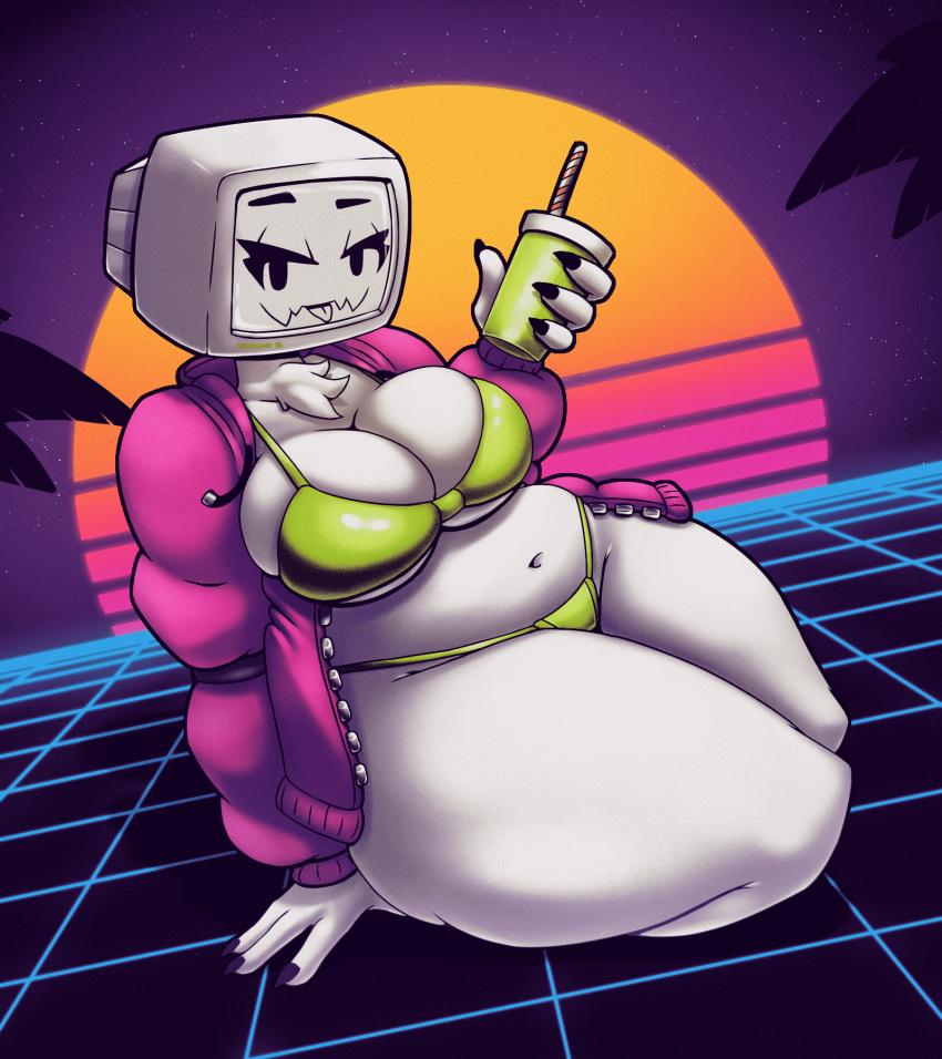 4_fingers belly big_breasts bikini bikini_bottom bikini_top breasts chubby_female clothing container cup female fingers fur green_bikini green_clothing green_swimwear half-closed_eyes hi_res holding_container holding_cup holding_object humanoid jacket monitor monitor_head nails narrowed_eyes pyrocynical retro screen screen_face sitting sitting_on_ground slightly_chubby solo straw swimwear thick_thighs topwear vaporwave white_body z_dragon