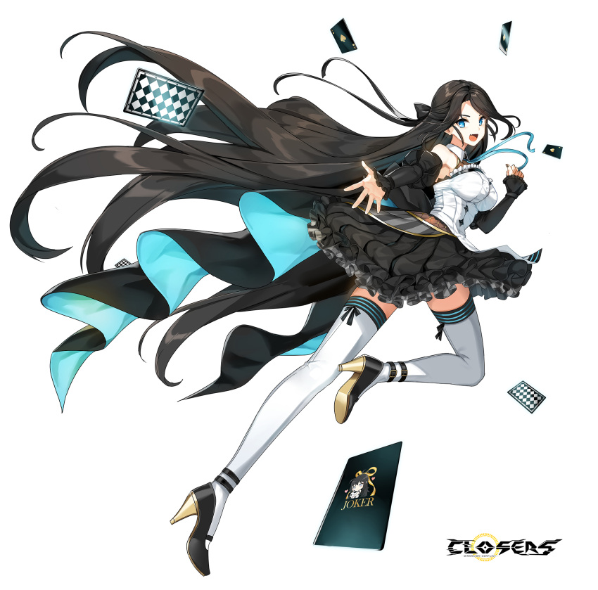 1girl :d ace_(playing_card) ace_of_diamonds ace_of_hearts ace_of_spades anklet bare_shoulders black_bow black_dress black_footwear black_hair black_nails black_sleeves blue_eyes blue_ribbon bow breasts card clenched_hand closers collared_dress copyright_name detached_sleeves diamond_(shape) dress fang floating_hair frilled_dress frills from_side full_body hair_bow hand_up heart high_heels highres jewelry joker_(playing_card) juliet_sleeves large_breasts leg_up logo long_hair long_sleeves looking_at_viewer mary_janes neck_ribbon official_art outstretched_arm outstretched_hand playing_card puffy_sleeves reaching reaching_towards_viewer ribbon running shoes sleeveless sleeveless_dress sleeves_past_wrists smile solo spade_(shape) tachi-e thighhighs turning_head two-tone_dress very_long_hair white_background white_dress white_thighhighs yuri_seo zettai_ryouiki